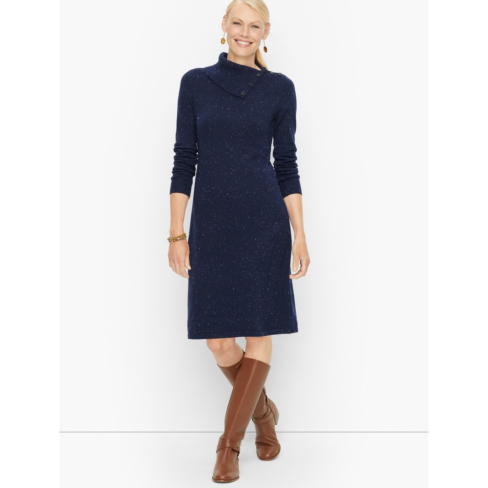 Talbots Sweater Shift Dress PXL Split Neck Button Tweed Blue‎ Speckle Career